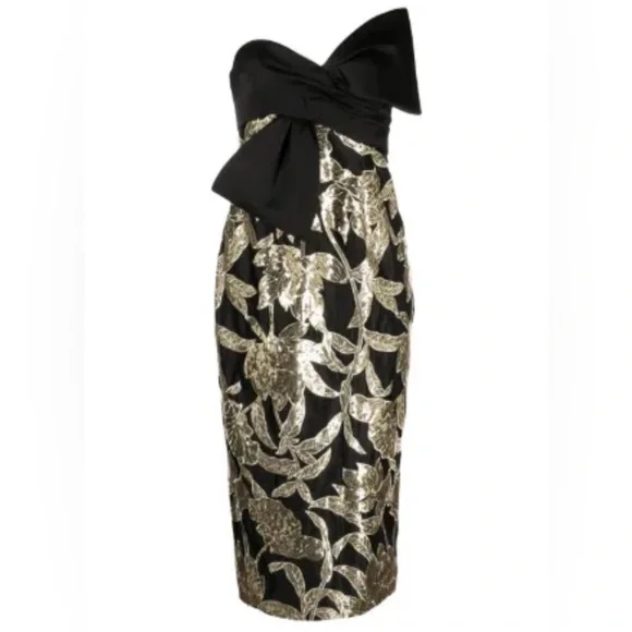 MARCHESA NOTTE***Black and Gold Lotus Strapless Bow Midi Dress****US 4 $795 - Picture 6 of 8